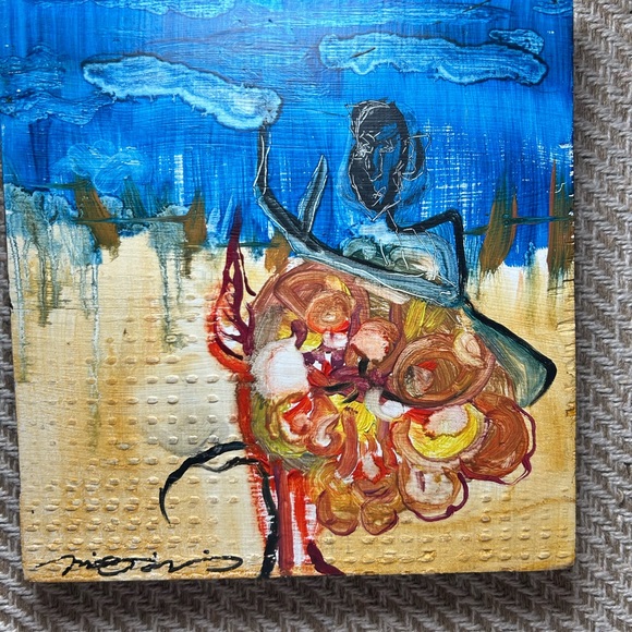 Original oil painting on wood block 7x7.25” ooak artwork signed ready to hang - Picture 2 of 4
